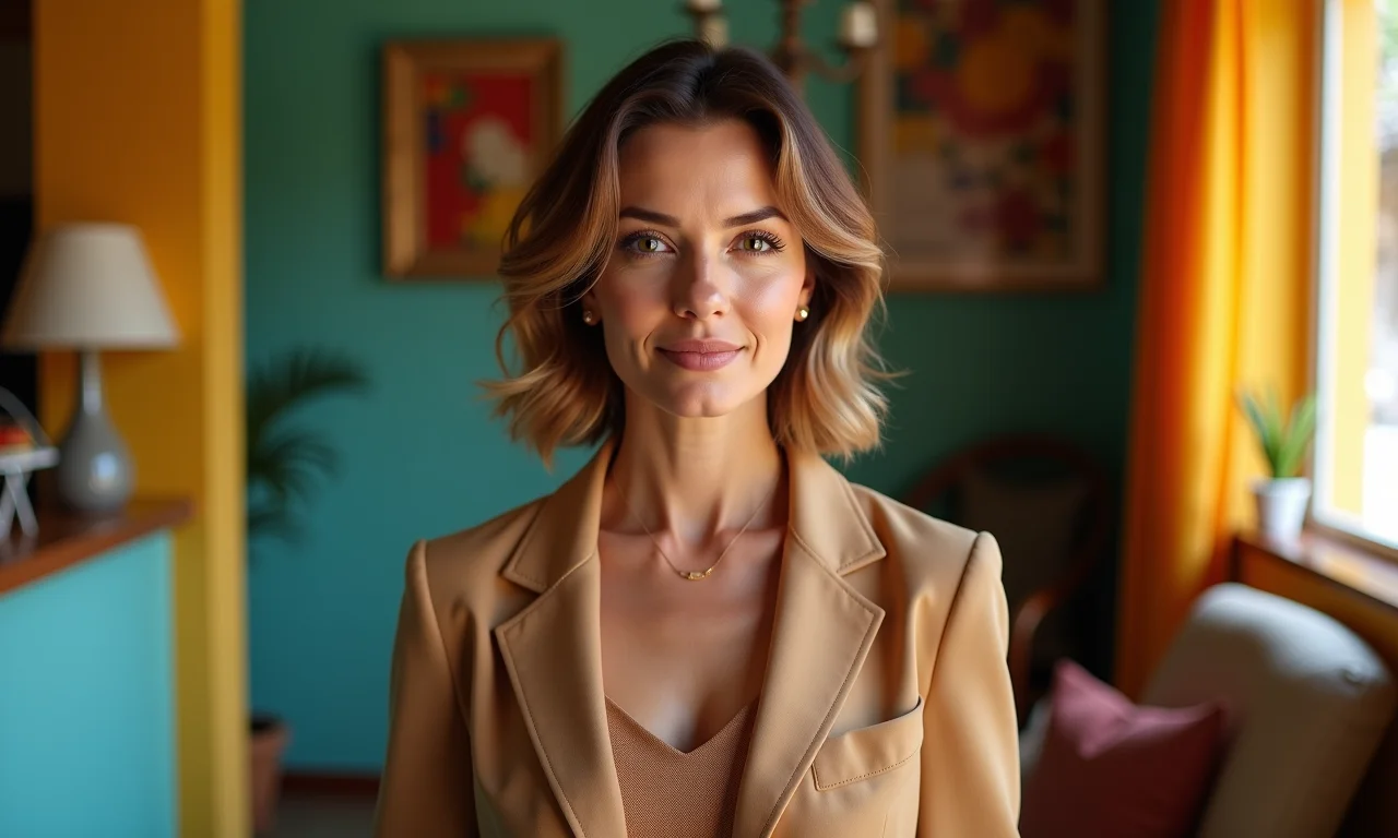 Mulher de 40 anos usando blazer elegante em casa com decoração brasileira.