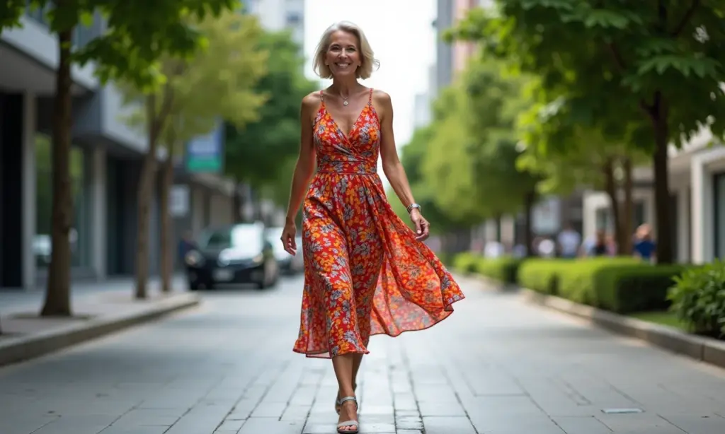 Mulher de 50 anos estilosa caminhando na cidade.