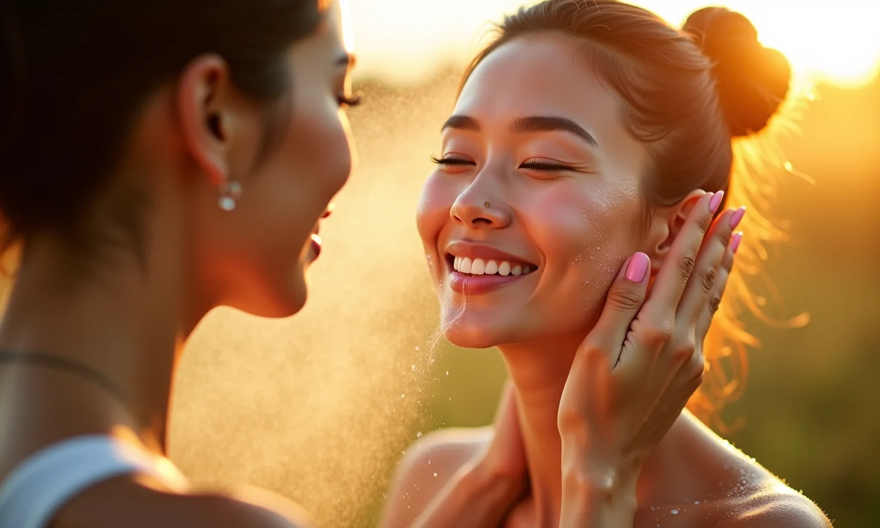 Mulher de ascendência asiática protegendo a pele com água termal.