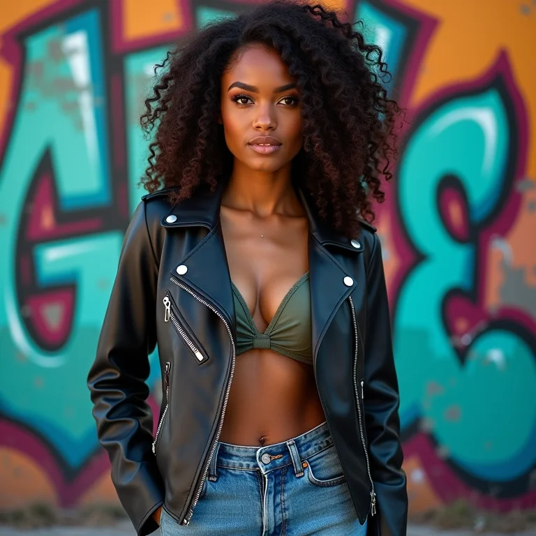 Mulher de cabelo cacheado com jeans e jaqueta de couro em frente a muro grafitado