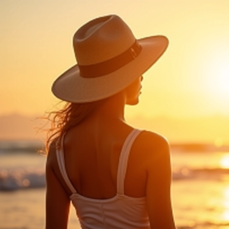 Mulher de chapéu de aba larga se protegendo do sol na praia.