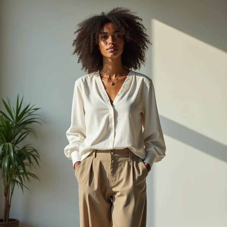 Mulher de corpo mid-size usando calças de alfaiataria soltinhas e blusa de linho no escritório.