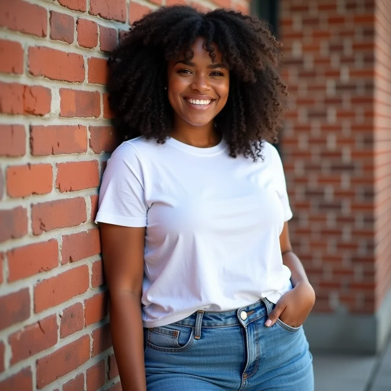 Mulher de jeans, camiseta e tênis sorrindo