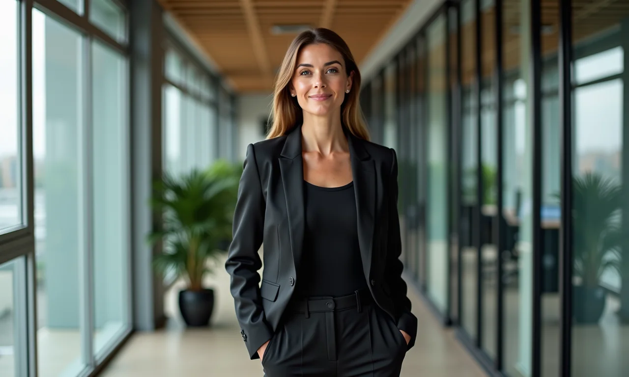 Mulher de meia-idade com blazer preto e calça de alfaiataria no escritório.
