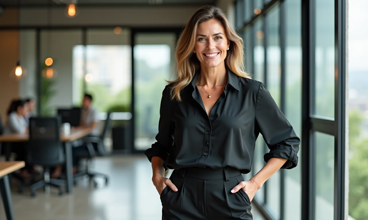 Mulher de meia-idade com calça de alfaiataria e papete preta em escritório.