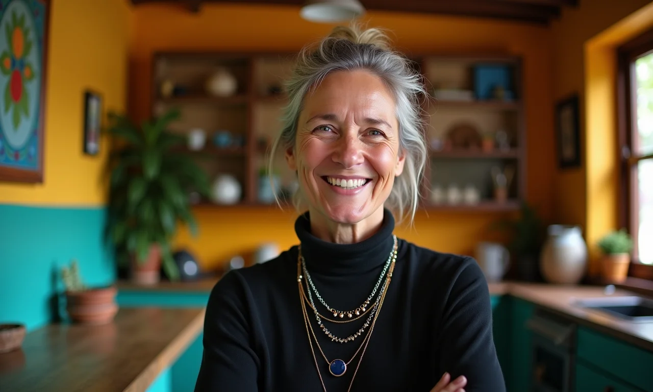 Mulher de meia-idade com gola alta preta e colares em camadas em um interior colorido estilo Farm Rio.