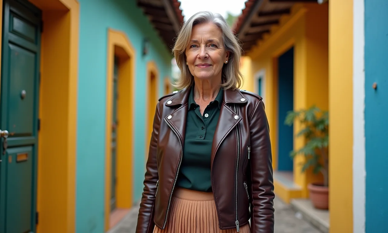 Mulher de meia-idade com jaqueta de couro e saia plissada em Salvador, Bahia.