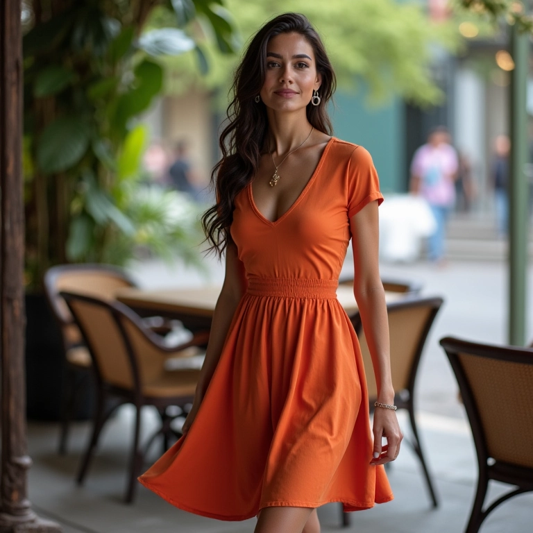 Mulher de meia-idade em vestido evasê elegante em um café no Rio.