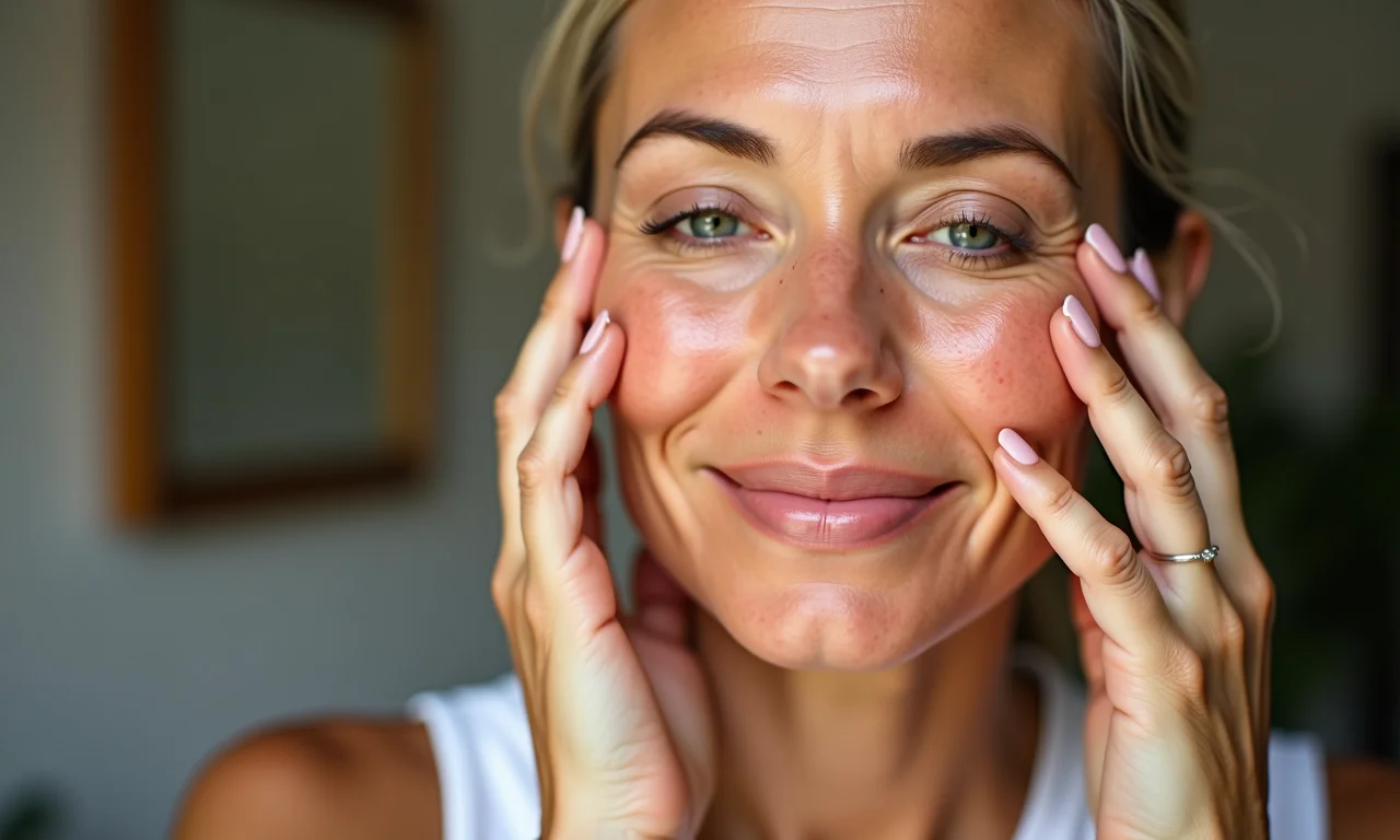 Mulher de meia idade massageando óleo de rosa mosqueta no rosto.