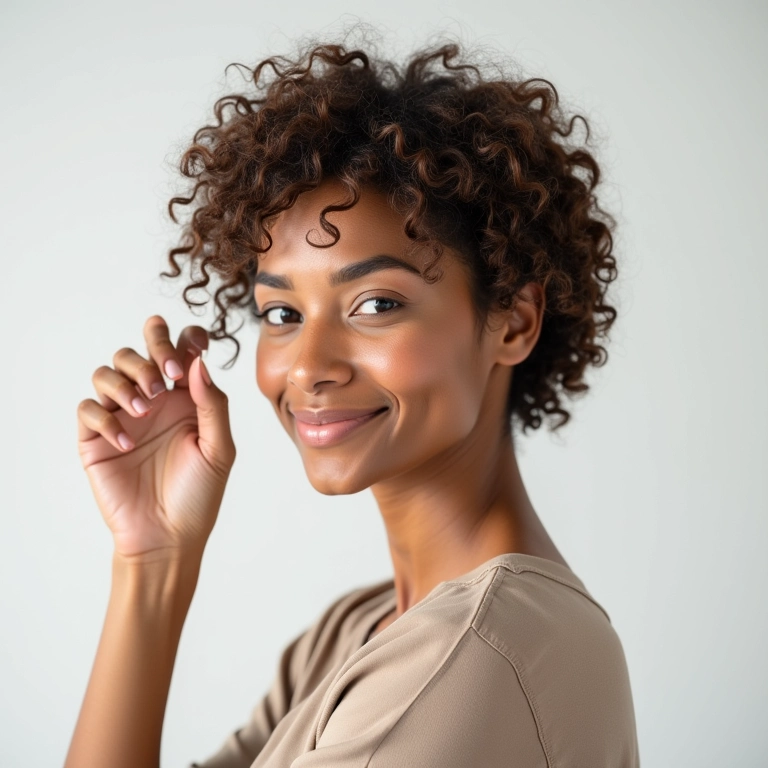 Mulher de meia-idade modelando o cabelo cacheado curto com dedoliss para definição sem esforço.