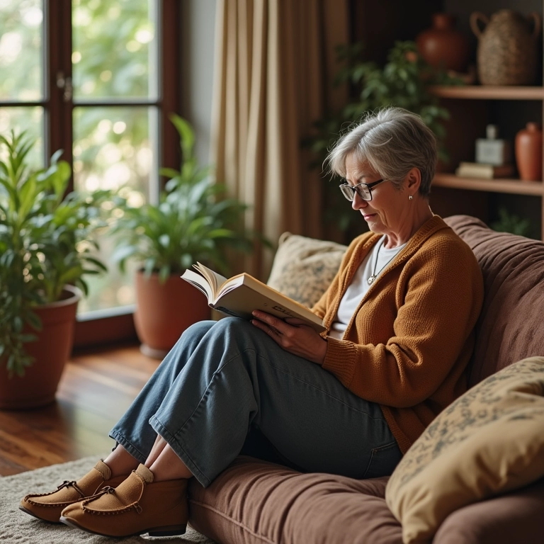 Mulher de meia-idade usando mocassins em sala aconchegante.