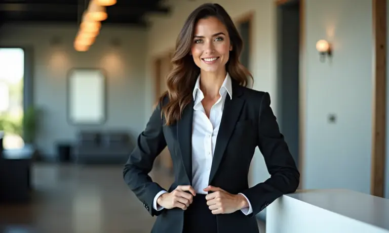 Mulher de negócios brasileira elegante vestindo blazer e saia em um banco.