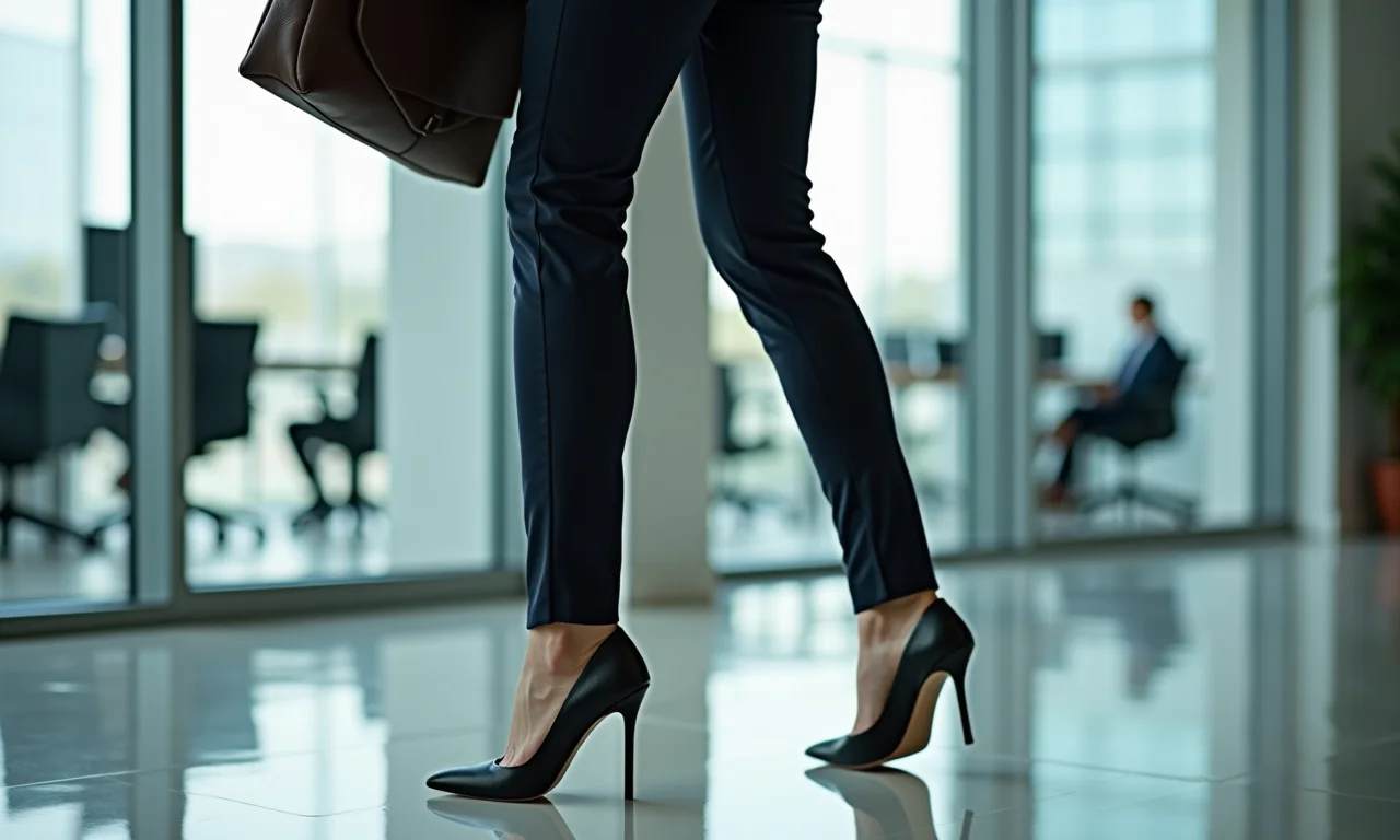 Mulher de negócios com calça de alfaiataria e salto agulha em escritório moderno.