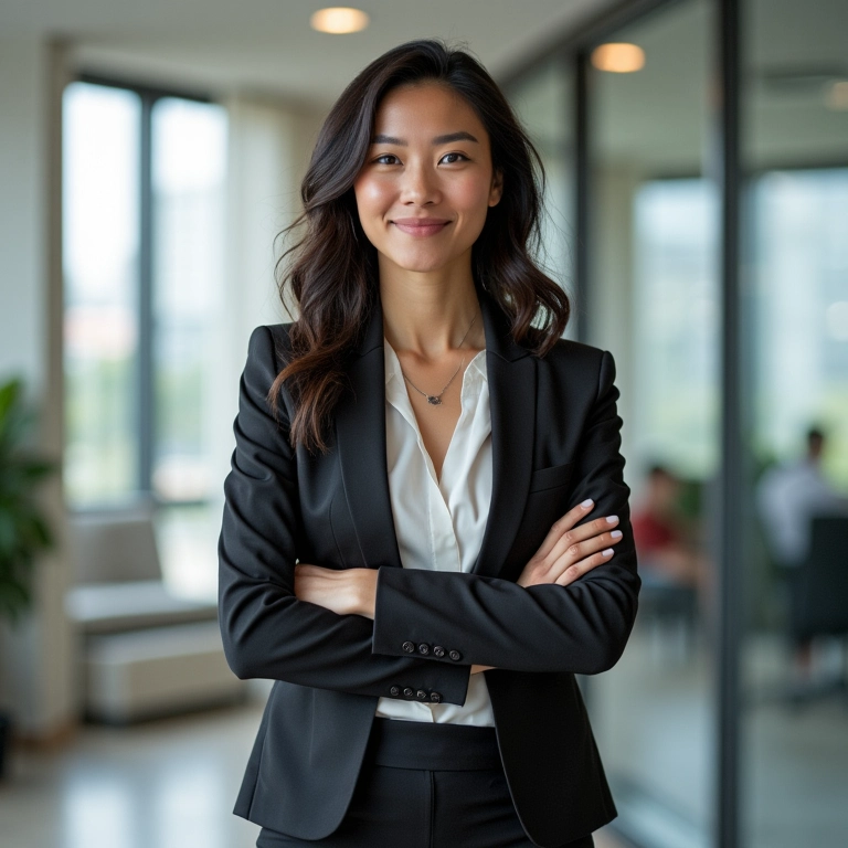 Mulher de negócios combinando estampas discretas em look de trabalho.