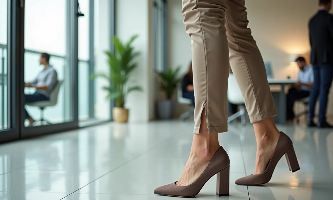 Mulher de negócios elegante com salto bloco neutro, calça de alfaiataria e blusa de seda.