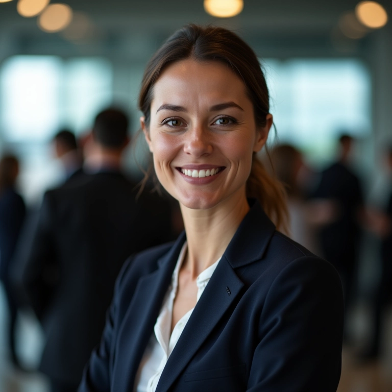 Mulher de negócios em traje profissional em evento corporativo.