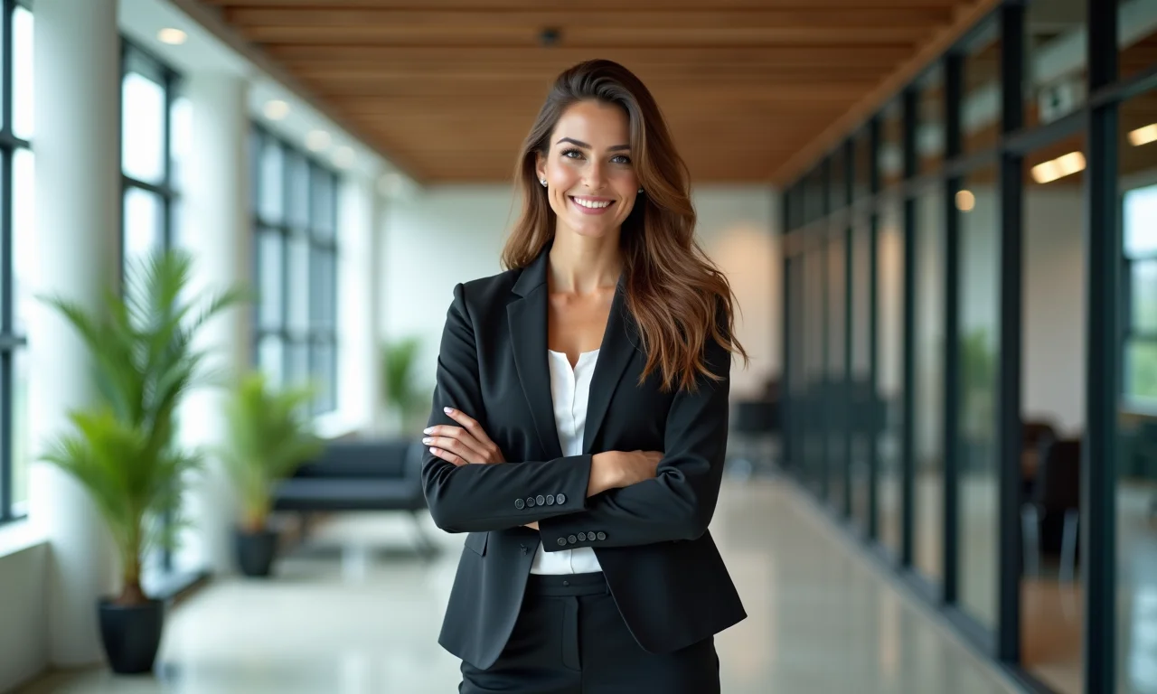 Mulher de negócios poderosa com calça de alfaiataria e blazer em escritório moderno.