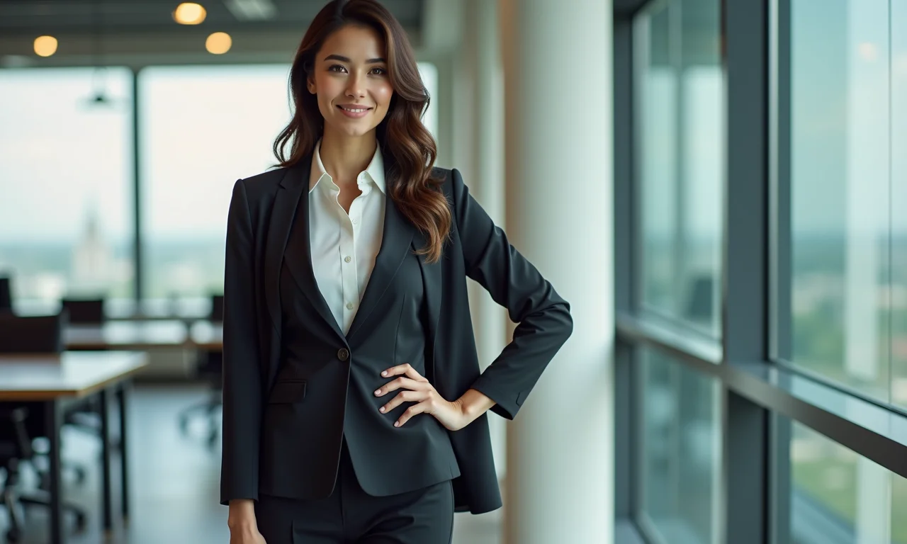 Mulher de negócios usando um kimono com um terninho em um escritório moderno.