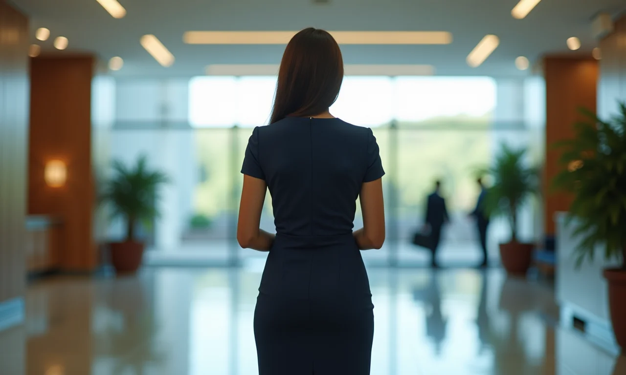 Mulher de negócios vestindo vestido na altura do joelho em lobby de banco moderno.