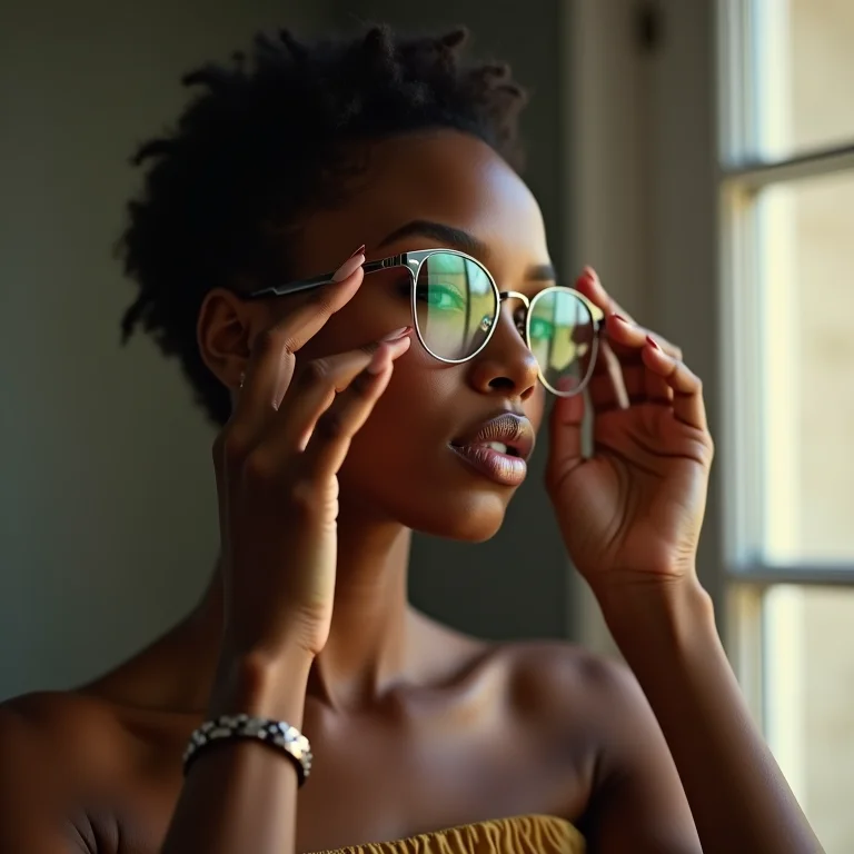 Mulher de óculos refletindo sobre a importância do penteado