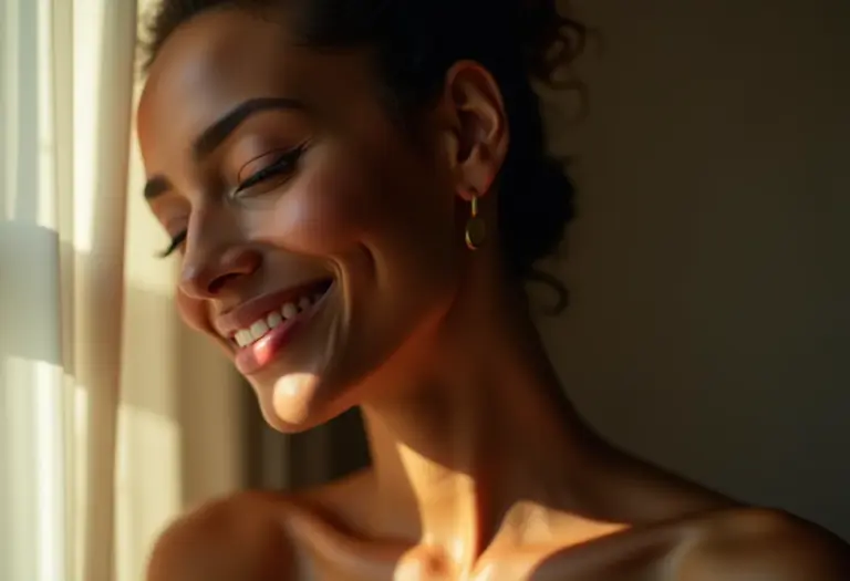 Mulher de olhos fechados sorrindo, representando intuição feminina