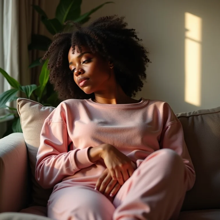 Mulher de pele clara com conjunto de moletom relaxando no sofá