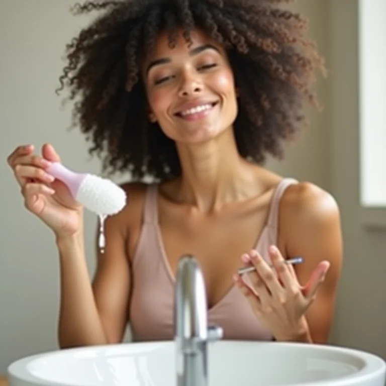 Mulher de pele clara limpando delicadamente um pincel de maquiagem de cerdas naturais com sabão neutro e água.