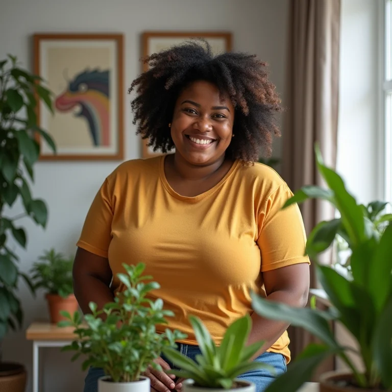 Mulher decorando apartamento alugado com plantas e quadros