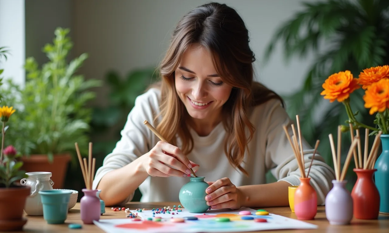 Mulher decorando vasinhos em um workshop de jardinagem.