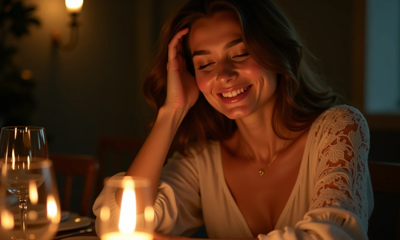 Mulher delicada com blusa de renda em jantar à luz de velas.