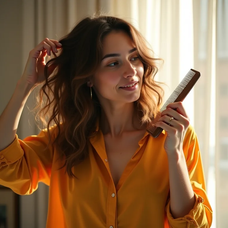 Mulher desembaraçando o cabelo com cuidado