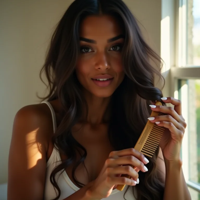 Mulher desembaraçando o cabelo com pente de dentes largos