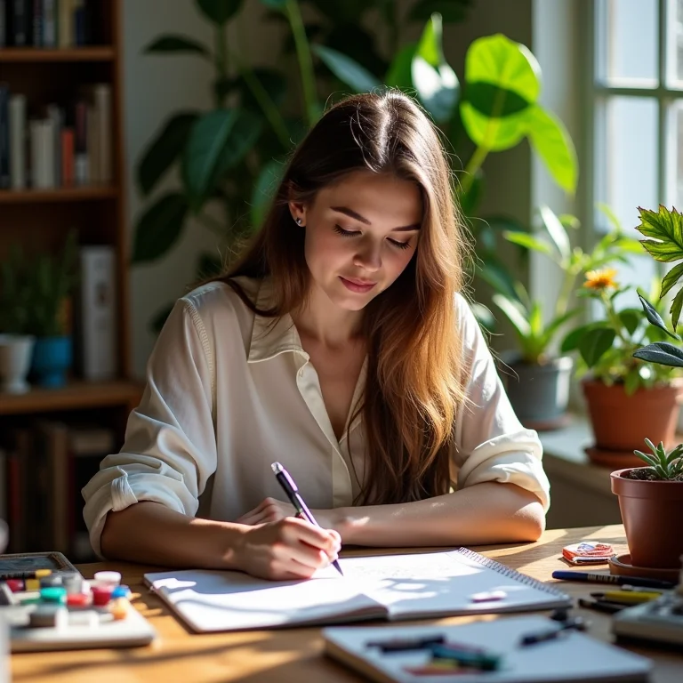 Mulher desenhando em um ambiente inspirador