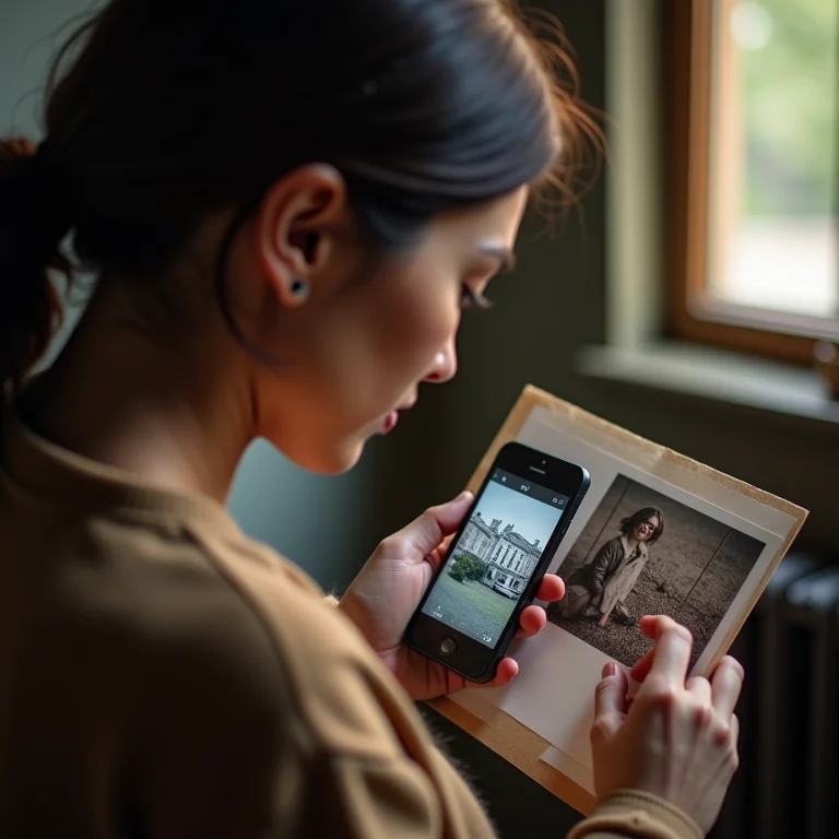 Mulher digitalizando fotos antigas com um aplicativo de scanner no celular.