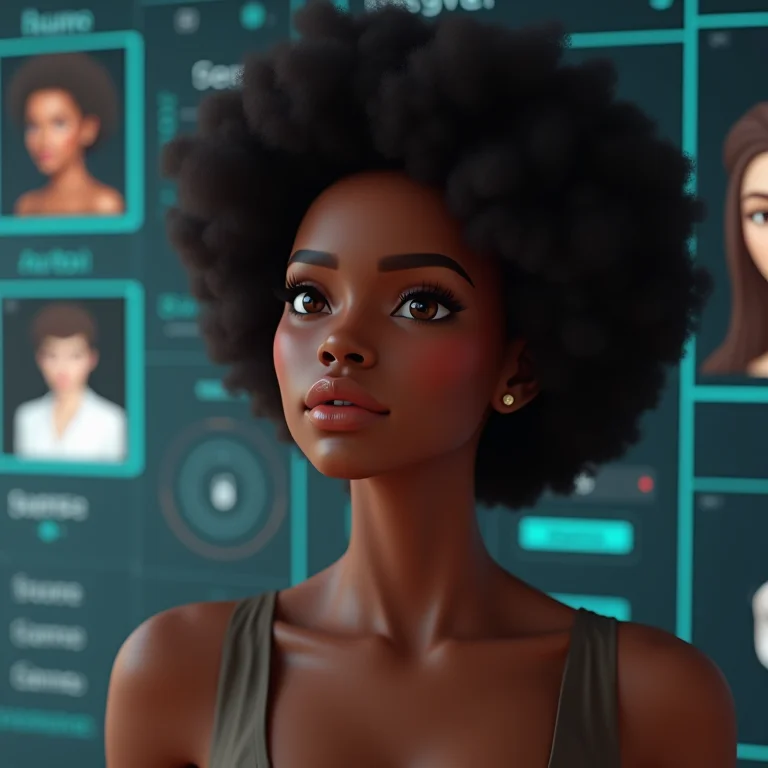 Mulher diversa criando seu avatar em uma interface digital com opções de customização.