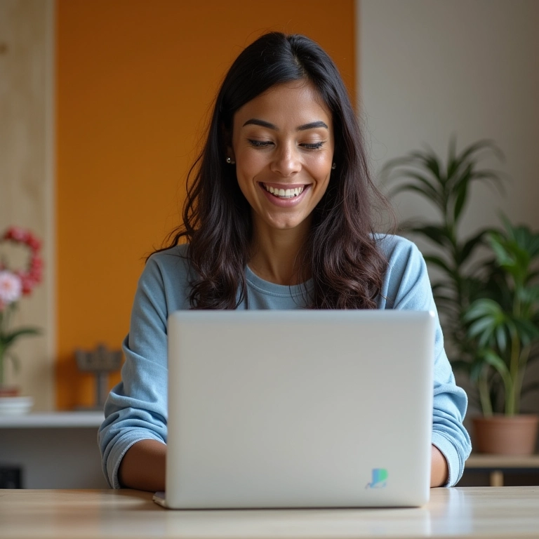 Mulher divulgando seu artesanato online usando um laptop e redes sociais.
