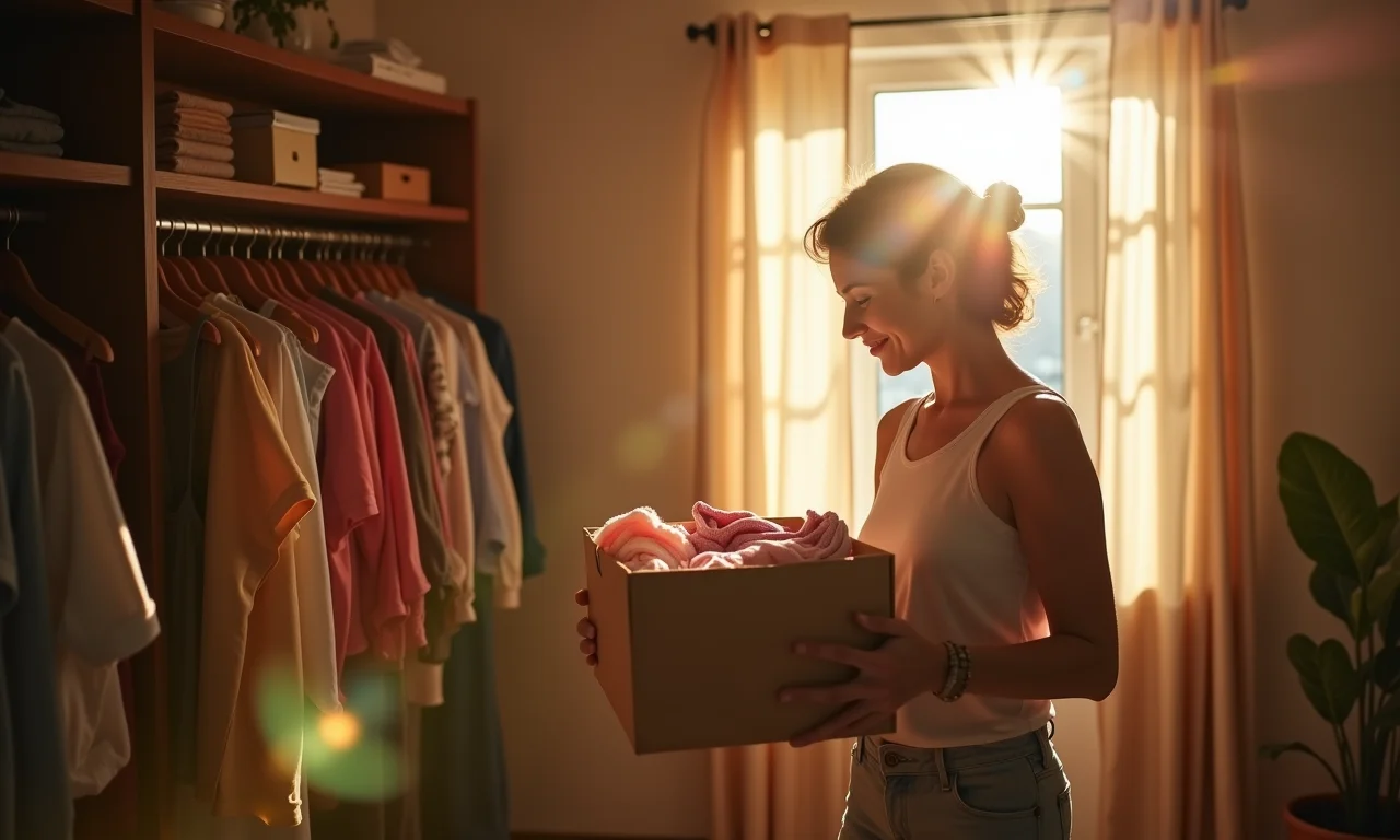 Mulher doando roupas de um guarda-roupa organizado.