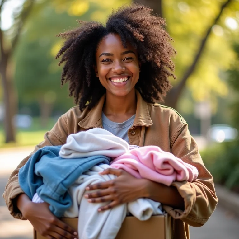 Mulher doando roupas em bom estado