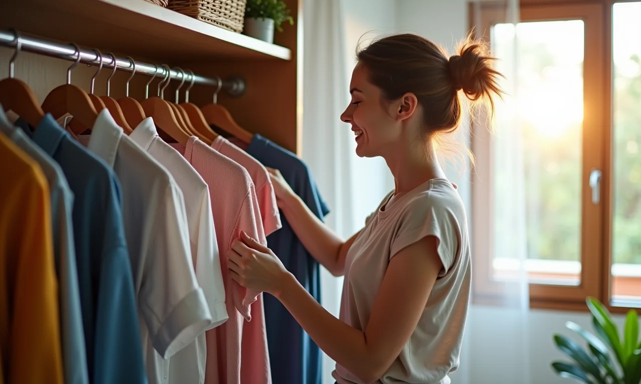 Mulher doando roupas que não usa mais, praticando o desapego e o consumo consciente.