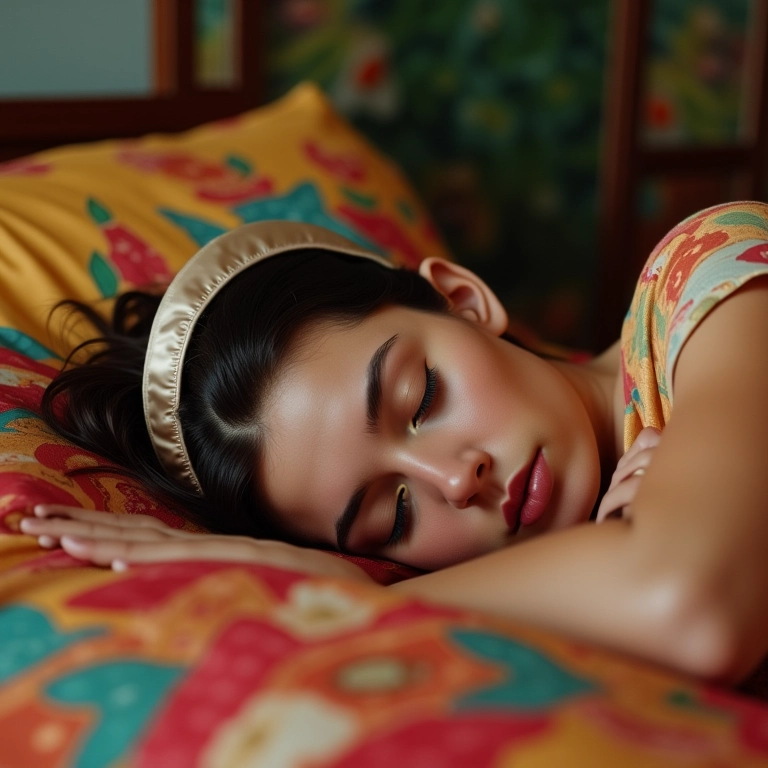 Mulher dormindo confortavelmente com touca de cetim em quarto colorido.