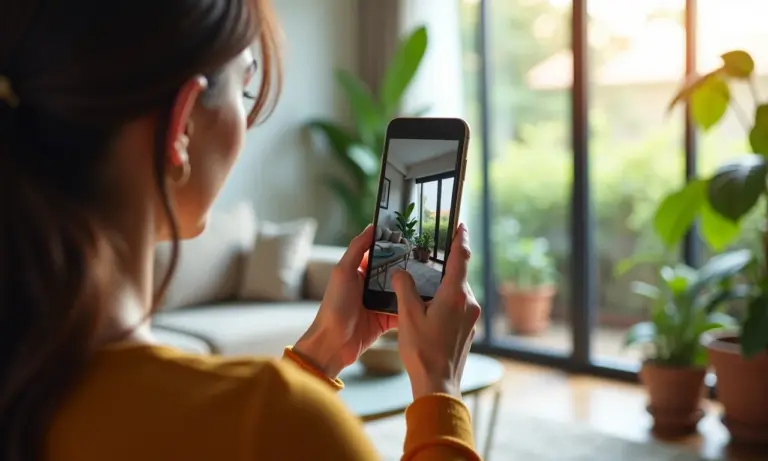 Mulher editando foto no celular em apartamento moderno com plantas.