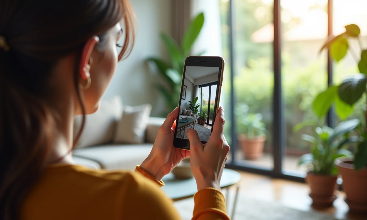 Mulher editando foto no celular em apartamento moderno com plantas.
