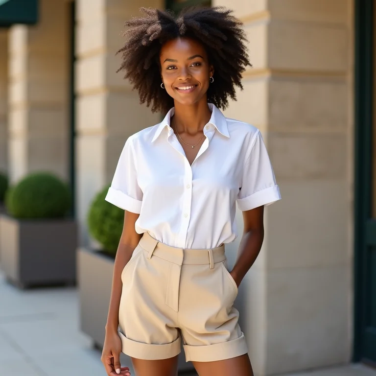 Mulher elegante com bermuda de alfaiataria e camisa branca