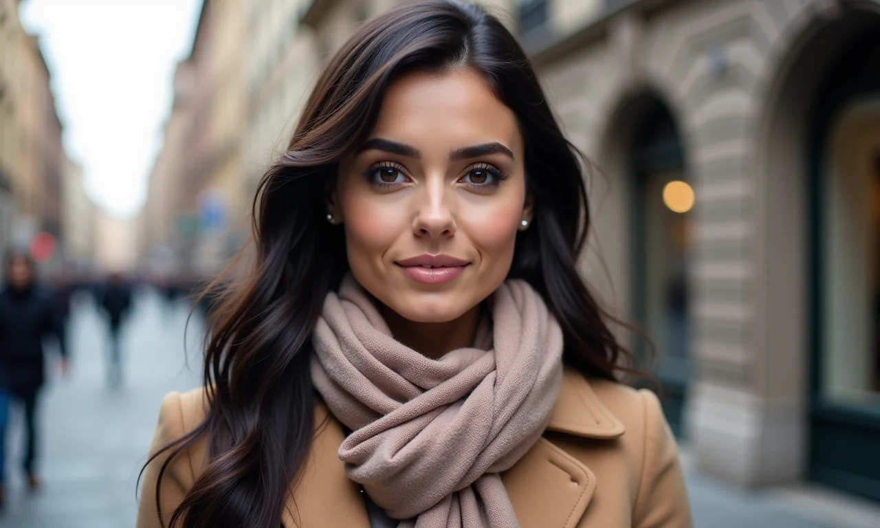 Mulher elegante com cachecol amarrado em nó clássico.