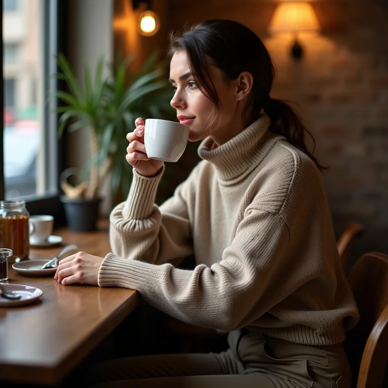 Mulher elegante com calça de alfaiataria e blusa de tricô em café