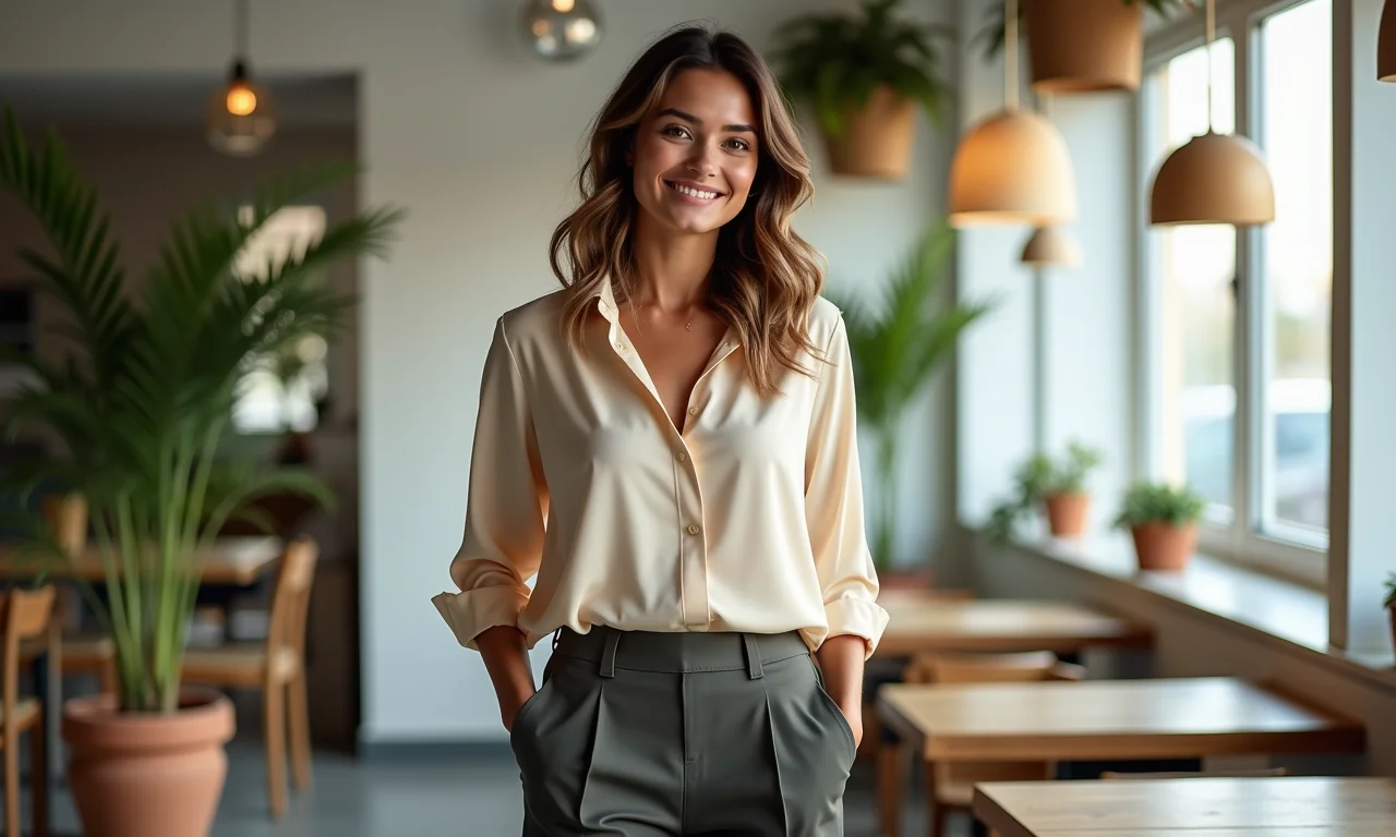 Mulher elegante com calça de alfaiataria e camisa de seda em ambiente de trabalho moderno.