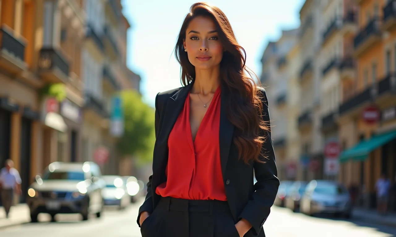 Mulher elegante com calça de alfaiataria em cenário urbano vibrante.