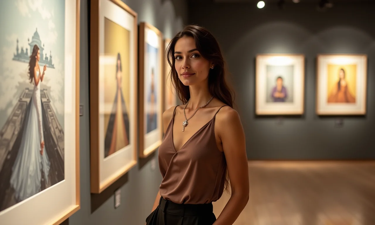 Mulher elegante com calças de alfaiataria e blusa de seda em exposição de arte.