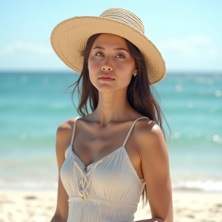 Mulher elegante com chapéu de palha clássico na praia.