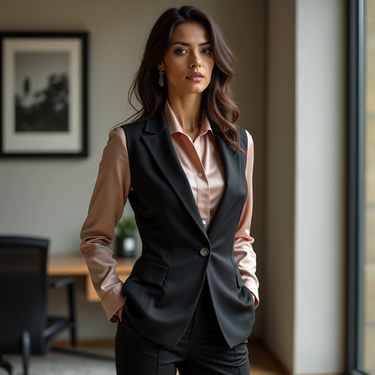 Mulher elegante com colete de alfaiataria em ambiente de escritório.